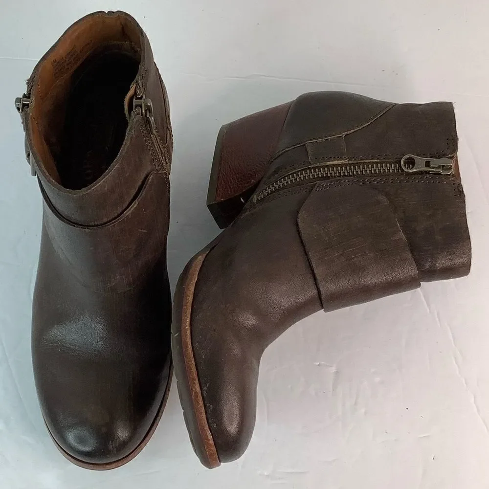 Kork-Ease Block Heel Round Toe Belted Ankle Brown Leather Ankle Booties Sz 6M
